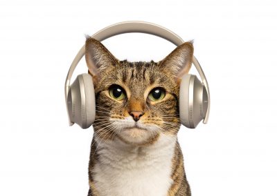 brown tabby cat with Bose noise cancelling earphones photographed on white seamless