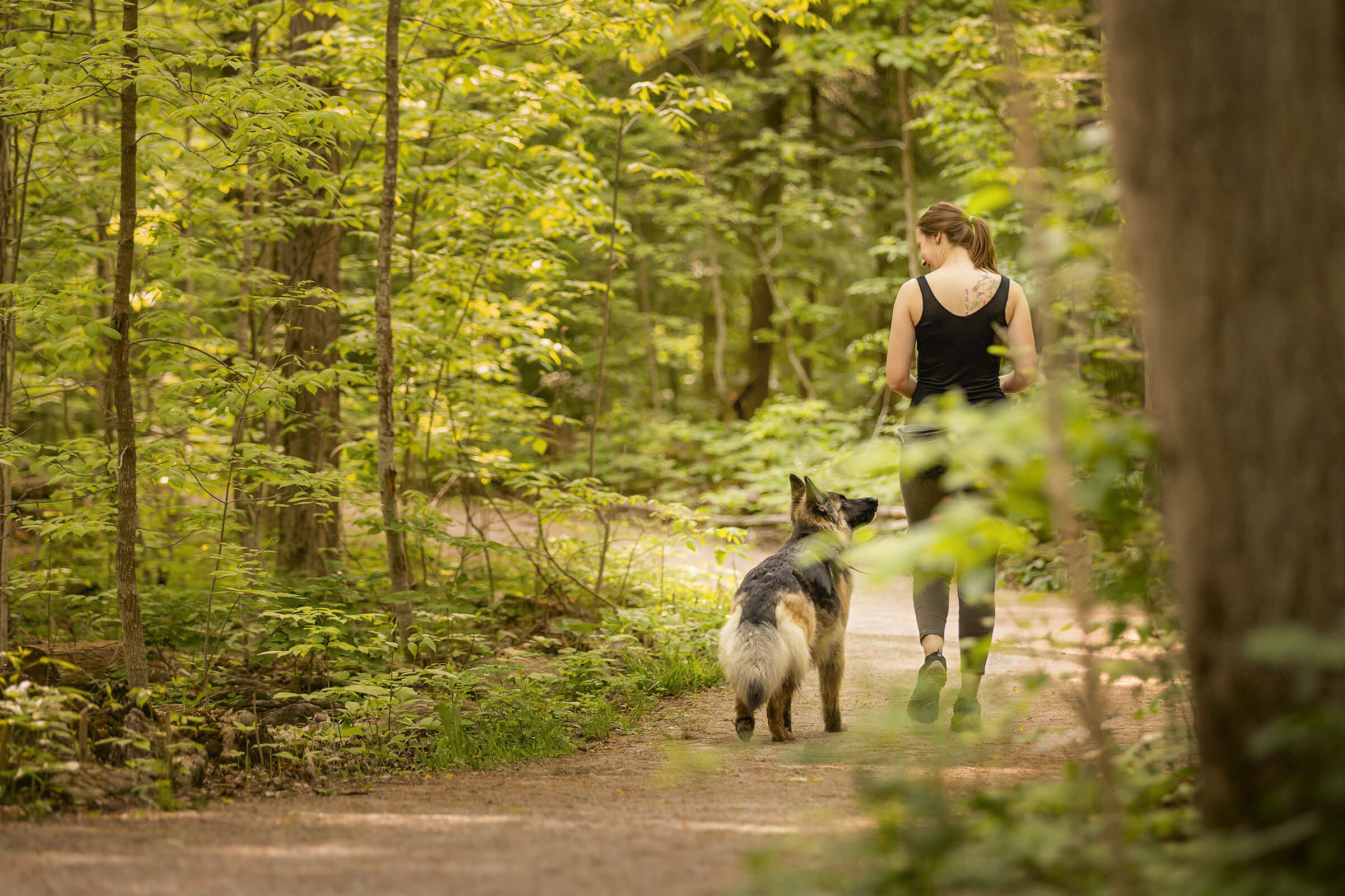 woman and german shepherd hike at Cameron Lake, Milton, Ontario.