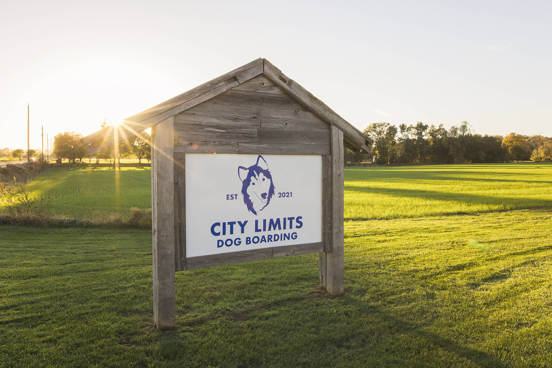 City Limits Dog Boarding sign at sunset