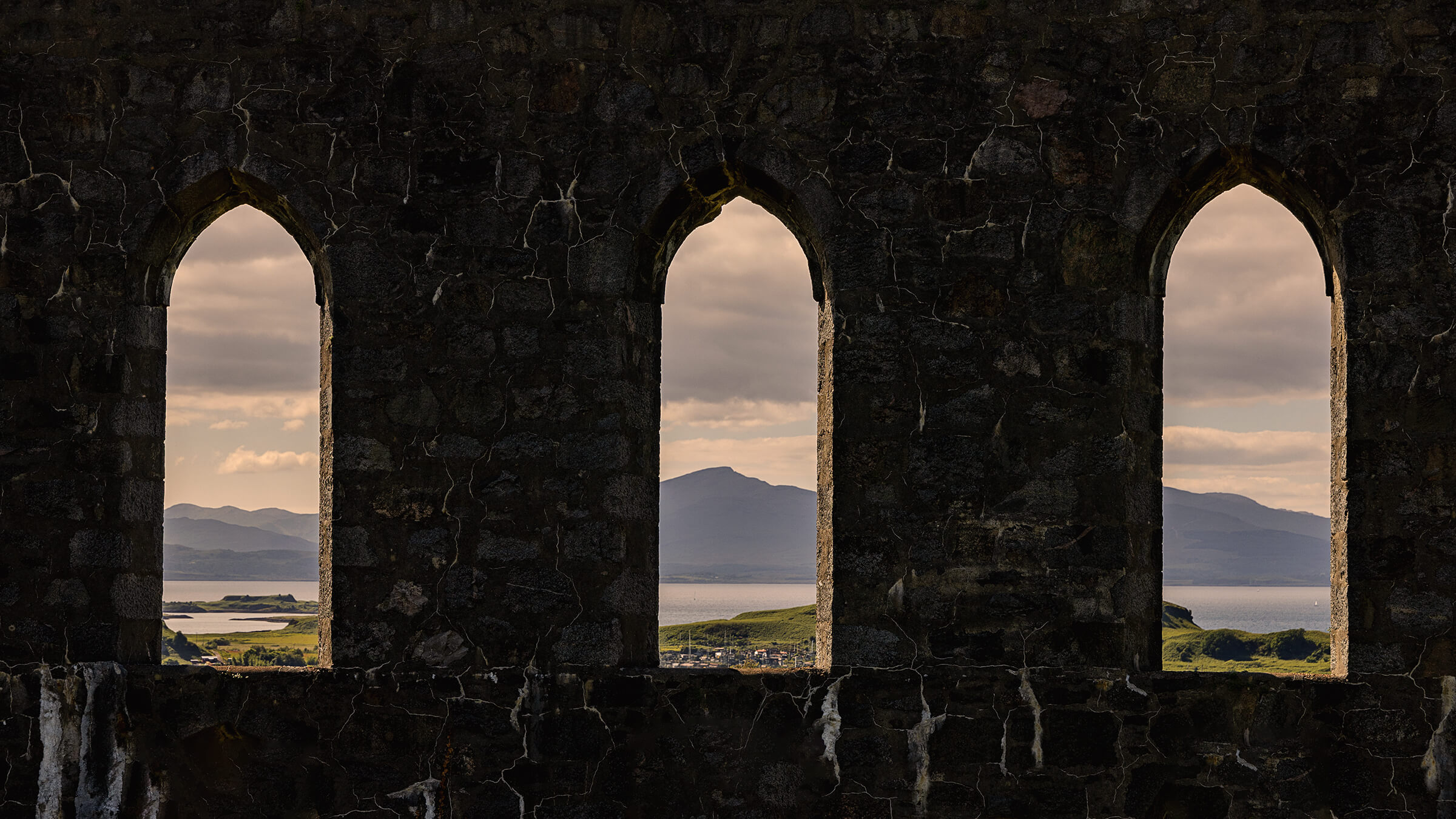 The windows of McCaig's Tower in Oban, Scotland